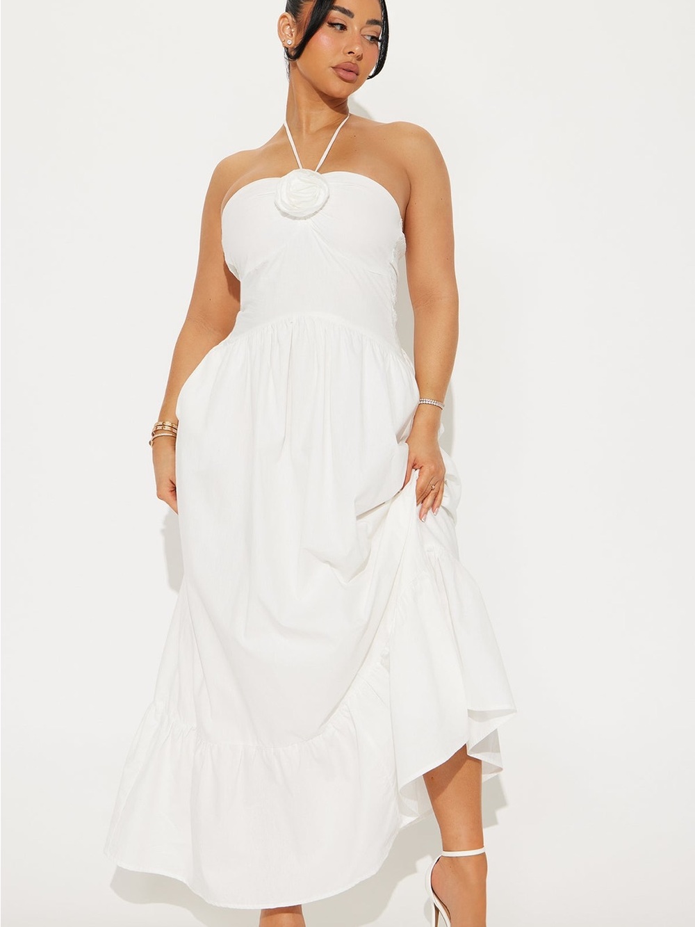 Fashion Nova White Strapless Maxi Dress with Rosette
